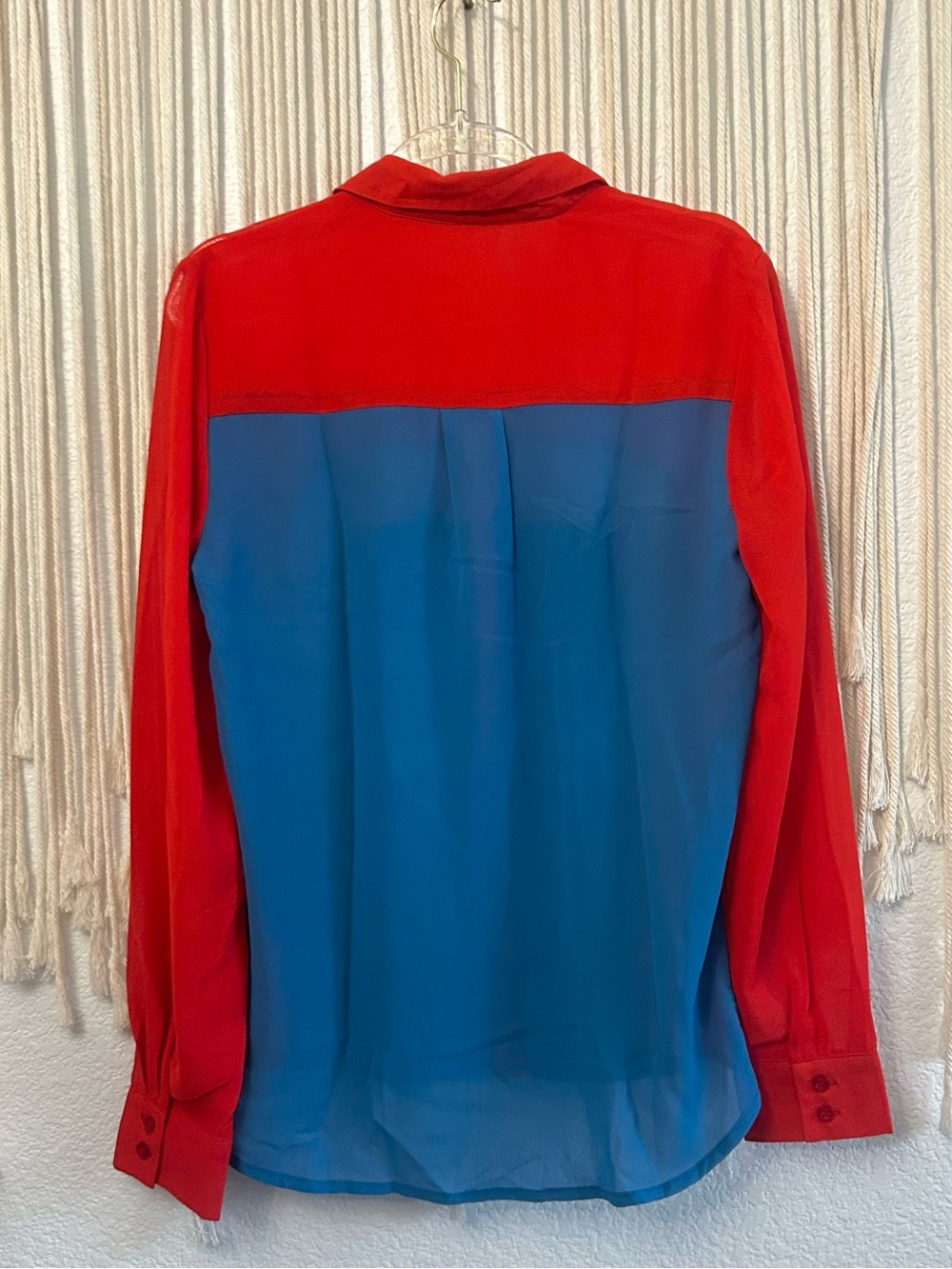 Jealous tomato Sheer Colorblock Button-Up Blouse Red Blue Gray Retro Office Top - Picture 12 of 15